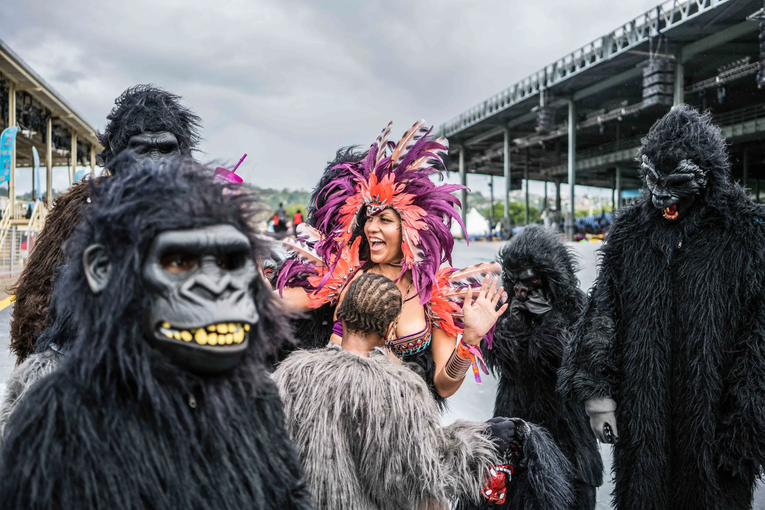 Masqueraders in gorilla costumes beside the parade